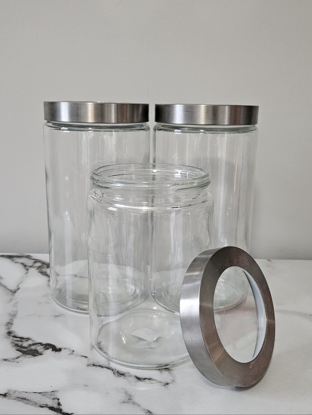 Crate&Barrel Glass Storage Canisters w/ Brushed Stainless Steel Lids (3Pc Set)